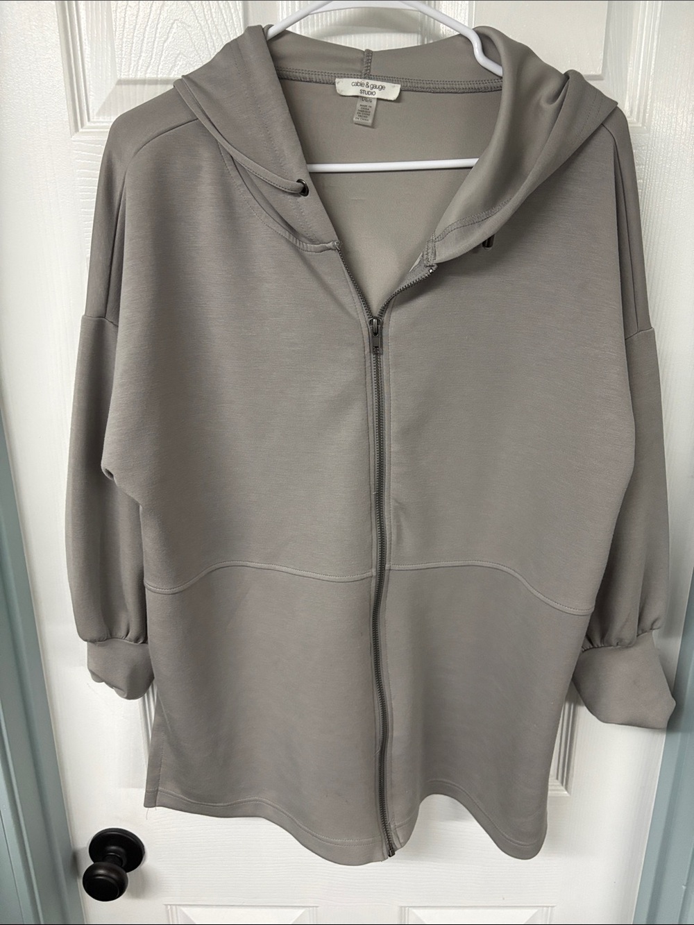 Cable & Gauge Hooded Zip-Front Bomber Jacket in Taupe - Picture 2 of 6
